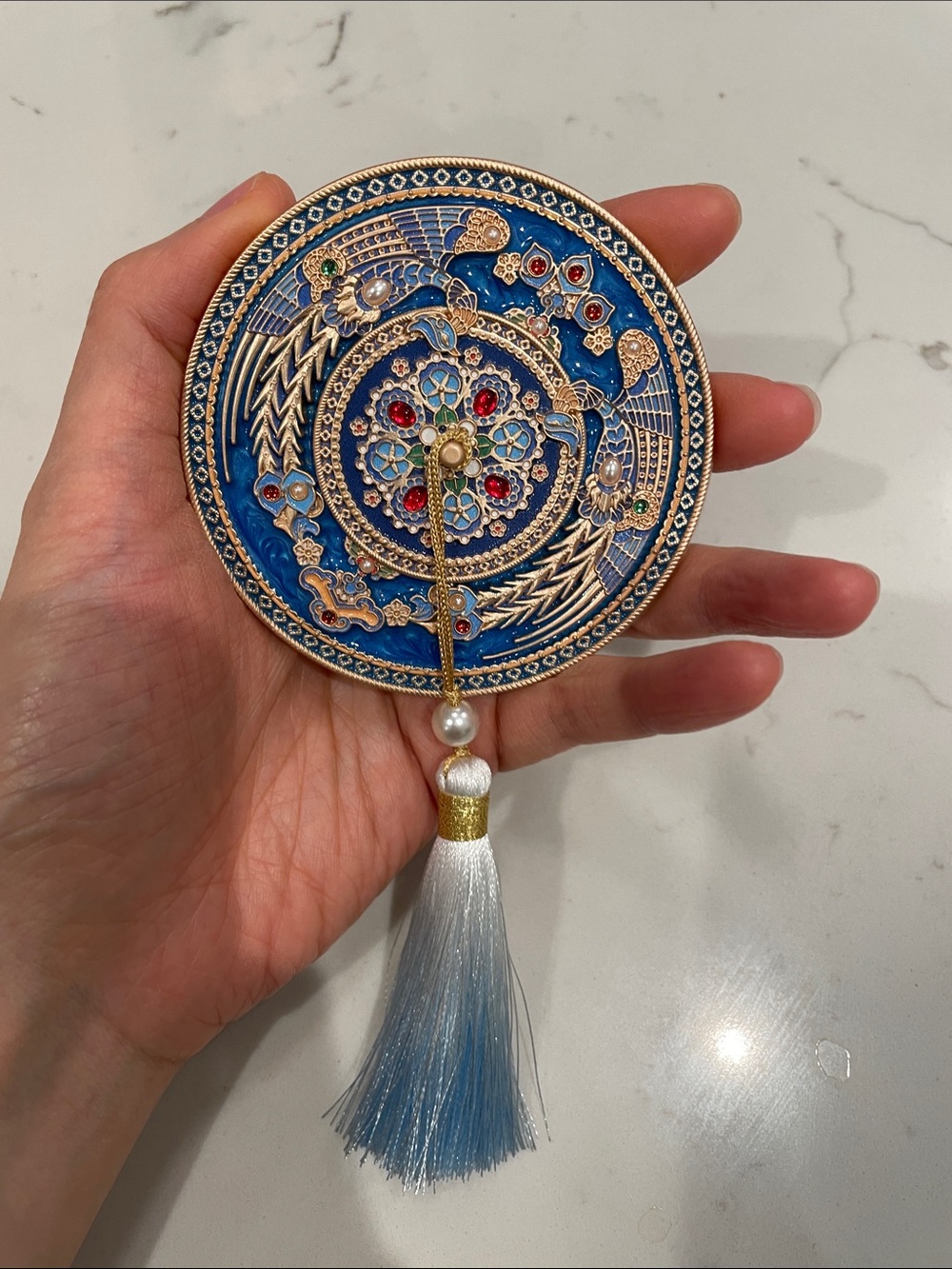 Ornate Blue Enamel Tassel Mirror Chinese gugong/forbidden city souvenir